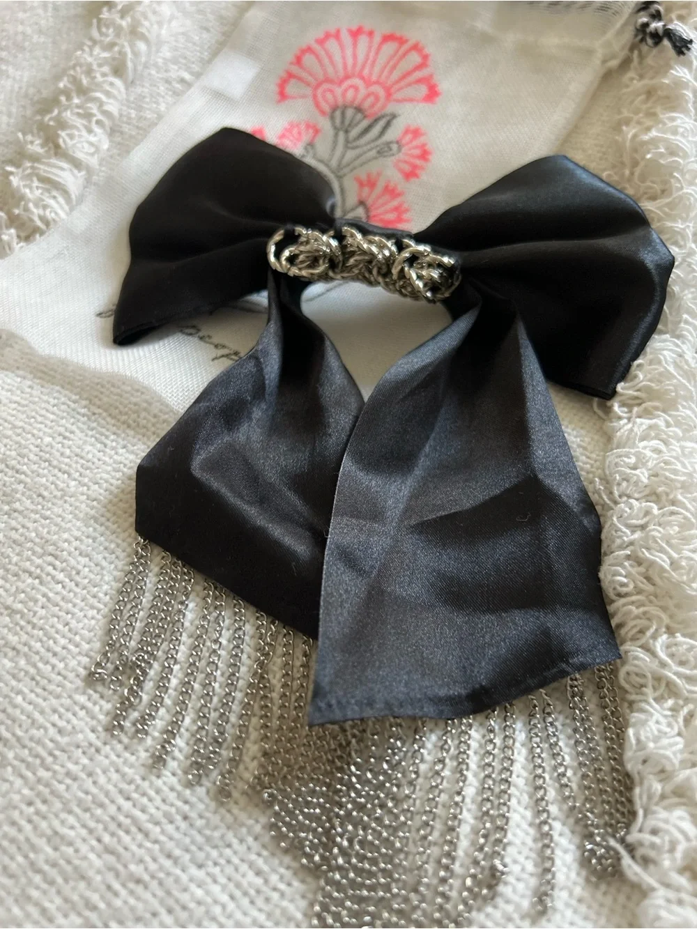 Black Satin Bow Hair Clip with Chain and fringe.